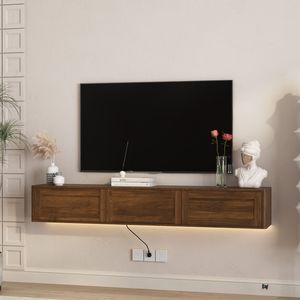 High Gloss Wall Mounted TV Stand <b>Floating</b> Wood Cabinet with LED Lights and Power Outlet for Living Room - Product Image 2