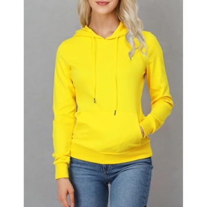 Sudadera con capucha para mujer, jersey de algodón tejido de manga larga amarillo, estilo otoñal, color sólido, transpirable, con bolsillos - Product Image 4