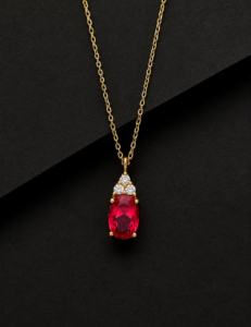 925 Sterling Silver 6x8mm Oval Shape <b>Ruby</b> Quartz Gold Plated Pendant <b>Necklace</b> With Cubic Zircon Women's Everyday Wear Link Chain - Product Image 2