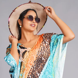 Robe longue kaftan pour femme, imprimé léopard turquoise, impression numérique, tissage naturel léger, lavable, vêtements de nuit pour femme - Product Image 1