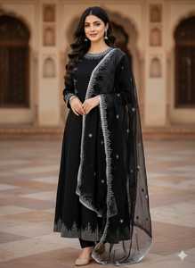 Salwar Kameez Noir Élégant pour Femme avec Broderie Perlée, Robe Traditionnelle pour Mariage, Longueur Ras du Sol, Coupe Classique - Product Image 1