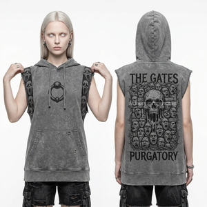 Sudadera Corta Graveyard Gang 350GSM con Dobladillo Desgastado, Gris, Lavado Vintage, Estampado de Calavera de Cementerio en la Espalda, Estilo Urbano para Mujer - Product Image 3