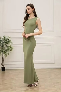 Factory Customized Elegant Silk Satin <b>Boat</b> Neck Maxi Dress Elegant High Thigh Bodycon Sleeveless Maxi Dress - Product Image 5