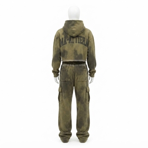 Custom Women Olive Green Acid Wash <b>Cropped</b> Hoodie Cargo <b>Jogger</b> Set Cotton Fleece Streetwear Tracksuit OEM Wholesale - Product Image 3