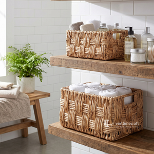Handwoven Classic Water Hyacinth <b>Storage</b> <b>Basket</b> <b>Rectangular</b> Durable Large Capacity Lid Organizer Bin Beige for Closet Shelf Home - Product Image 4