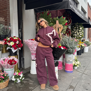 Women <b>Maroon</b> Cotton Hooded Tracksuit Set Casual Loose Fit Full Length Solid Color With Side Pockets Autumn Wear Crop <b>Top</b> - Product Image 1