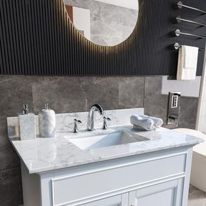 Montary 37 pollici bagno Vanity Top Carrara pietra bianca nuovo stile rettangolo sottomontaggio in ceramica lavello posteriore Splash 3 fori per rubinetto - Product Image 4