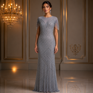 Luxury Women Modern Silver Beaded Mermaid Silhouette Evening Gown | Elegant Illusion Neck Fringe Maxi Dress Premium Designer - Product Image 2