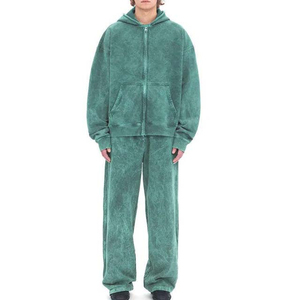 Ensemble de survêtement unisexe en coton lavé à capuche, couleur unie, fermeture éclair intégrale, coupe ample, pantalon de survêtement décontracté d'automne avec poches latérales - Product Image 2