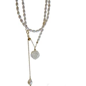 Collar de Perlas de Agua Dulce de Alta Calidad para Mujer, Collar de Concha Natural con Grano de Arroz, Cadena de Clavícula con Rosa Blanca, Colgante de Moda - Product Image 5