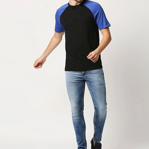 Camiseta Casual de Cuello Redondo y Manga Raglán para Hombre, Color Negro y Azul, Corte Regular, Tejido de Punto, Diseño de Bloques de Color Sólido - Product Image 6