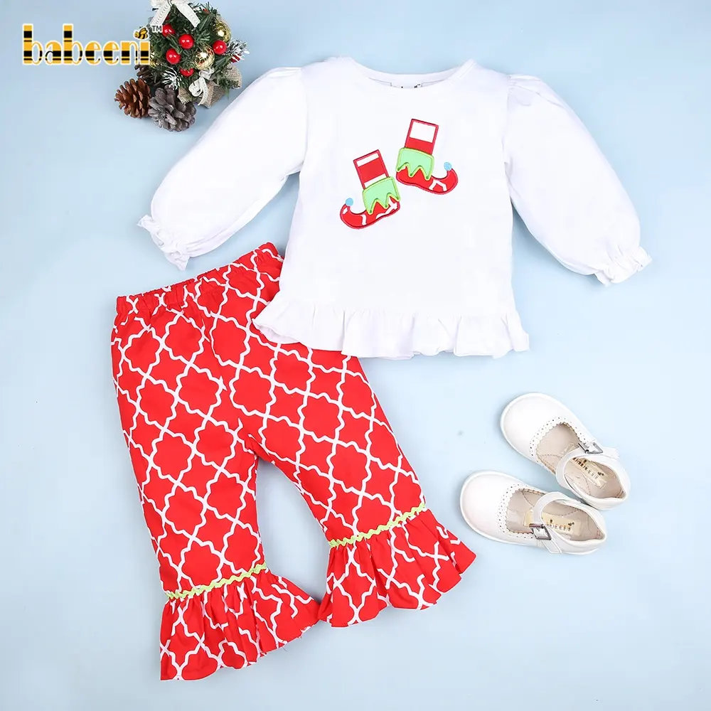 Lovely Christmas shoes appliqued set for baby girls ODM OEM wholesale smocked children clothing - BB821