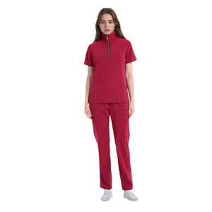 Custom Women Stand Collar Zipper Medical Scrubs <b>Set</b> Stretch Nursing Uniform Hospital Workwear Short Sleeve <b>Doctor</b> Top Pants - Product Image 4