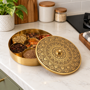 Masala Dabba de Latón Hecho a Mano con Tazas Interiores para Especias | Solución Premium para Almacenamiento de Especias Indias para Restaurantes y Cocinas de Lujo - Product Image 2