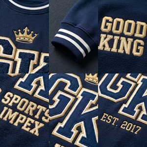 เสื้อสเวตเชิ้ตคอกลมแบบวาร์ซิตี้สีกรมท่าสำหรับผู้ชาย ผ้าฝ้ายพรีเมียมเนื้อนุ่ม ปักลายกราฟิก GK แขนเสื้อแบบริบ สตรีทแวร์ OEM - Product Image 4