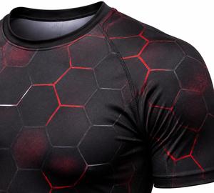 T-shirt de sport respirant à manches courtes pour homme, imprimé hexagone noir et rouge, séchage rapide, en polyester, pour fitness adulte - Product Image 5