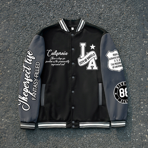 Veste de baseball noire de haute qualité pour homme, col montant, broderie personnalisée sur le devant, patch logo DTF, polyester tricoté - Product Image 1