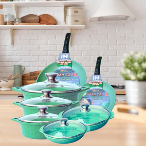 Juegos de utensilios de cocina marca HOCA con revestimiento cerámico antiadherente y tapa de vidrio para todo tipo de estufas - Vietnam OEM 7 piezas - Product Image 3