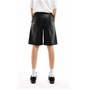 Men's Black <b>PU</b> Coated Bermuda Leather <b>Shorts</b> Mid Waist Casual Style With Pockets Breathable Woven Fabric Men's Leather Jhort - Product Image 2
