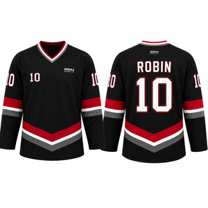 Camiseta de Hockey sobre Hielo Personalizada para Hombre, Sublimada, en Negro, Rojo, Blanco y Gris, con Cuello en V, Uniforme de Equipo con Nombre y Número de Jugador Personalizados - Product Image 1