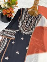 Ensemble Kurta en coton noir style Bollywood été/hiver, broderie de fils de cuivre, Salwar Kameez de créateur, broderie géométrique, pour soirée
