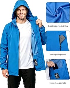 Blouson Bomber Homme Bleu Uni à Capuche avec Fermeture Éclair, Bords et Poignets Ajustables, Coupe-Vent Décontracté pour le Printemps - Product Image 4