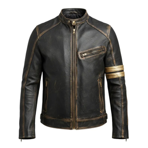 Best Quality Men's Real Sheepskin Leather Biker <b>Jacket</b> <b>with</b> <b>Zipper</b> Bomber Collar Outside Front-Two <b>Pockets</b> Design - Product Image 1