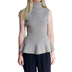 Camiseta sin mangas de punto camel para mujer, suéter con dobladillo peplum, cuello alto, ajuste ceñido, tejido acanalado, parte delantera corta, a la moda - Product Image 3