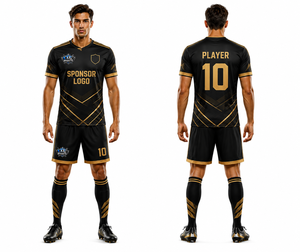 Maillot de football personnalisé imprimé tendance noir et or, qualité supérieure, séchage rapide, pour la vente en gros - Product Image 1