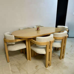 Juego de Mesa de Comedor Ovalada de Madera de Teca Escandinava, Sillas Tapizadas Modernas, Fabricante de Muebles de Indonesia - Product Image 1