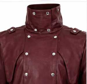 Men's <b>Burgundy</b> Leather Long <b>Coat</b> Stand Collar Single Breasted Overcoat with Belt Buttons - Product Image 4
