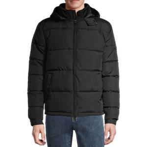 Men's <b>Black</b> Hooded <b>Puffer</b> Jacket Casual Winter Outerwear Solid Color Polyester Shell Windproof Zipper Closure - Product Image 2