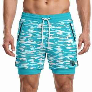 Mawra Short d'entraînement 2-en-1 pour homme, à séchage rapide, avec couche de compression, imprimé bleu et blanc, short de combat MMA, coupe régulière - Product Image 1