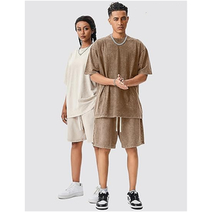 Ensemble T-shirt et short en tissu éponge absorbant la transpiration, délavé à l'acide, avec logo personnalisé, style vintage, DTG, pour homme, coupe ample, 100% coton, poids lourd - Product Image 5