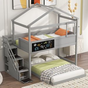 Letto a castello matrimoniale con scala contenitore e lavagna grigia - Letti per bambini con caratteristiche uniche (Vecchio SKU GX001701AAE) - Product Image 1