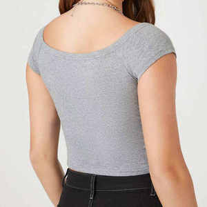 Women Gray Square Collar Cap Sleeve <b>Crop</b> <b>Top</b> Casual Jersey T-Shirt Breathable Short Sleeve Spring Summer Wear - Product Image 3