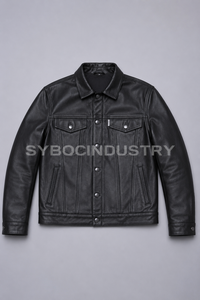 Veste en cuir d'agneau pour homme, style trucker, noir et marron vintage, avec devant à boutons-pression, poches poitrine à rabat, et languettes à la taille. - Product Image 5