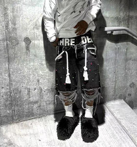 Shorts cargo baggy en jean pour homme, personnalisés, avec double taille et strass aux genoux, prix abordable - Product Image 3