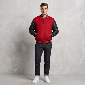 Veste universitaire en laine rouge pour homme avec manches en cuir noir, style preppy, col rabattu, fermeture boutonnée, vêtement d'automne - Product Image 3