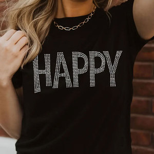 เสื้อยืดผู้หญิงสีดำ พิมพ์ลายตัวอักษร Happy ประดับเพชร คอทรงโอ แขนสั้น สวมใส่สบาย ทรงหลวม ผ้าเจอร์ซีย์คอตตอน 100% - Product Image 3