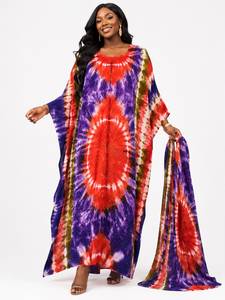 Bohemian Tie Dye Maxi <b>Kaftan</b> Stand Neck Shoulder Sleeve Regular Fit <b>Summer</b> Woven Polyester Full Sleeve Patterned Simple Sweet - Product Image 1