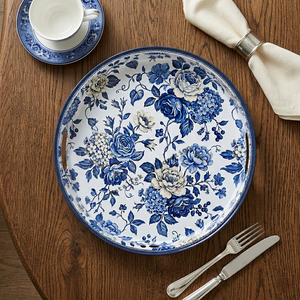 Plateau de service rond décoratif à motifs floraux avec poignées, design chinoiserie bleu et blanc vintage, plateaux en métal de haute qualité, grande taille - Product Image 3