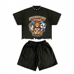 Ensemble T-shirt et short imprimé Adventure noir unisexe, tenue décontractée d'été 100% coton respirant, coupe ample, col rond, manches courtes - Product Image 1