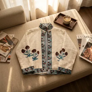 Veste en lin pour femme à col mandarin, imprimé floral, manches chauve-souris, style Prairie Chic, pour l'automne - Product Image 5