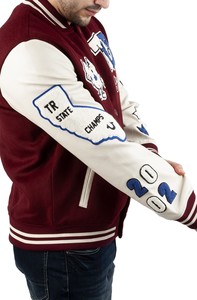 Veste universitaire unisexe en tissu de laine écologique, patchwork polyester/coton, badge brodé sur le devant, col rabattable simple - Product Image 5