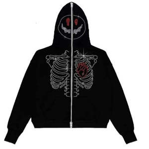 Sweat à capuche zippé pour homme, motif squelette et strass, style streetwear Y2K 2026, avec motif cœur rouge, noir, coupe oversize, effet scintillant HD - Product Image 6