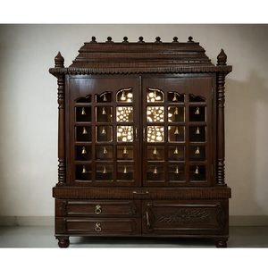 Magnifique armoire de prière sud-indienne de grande taille avec porte, temple traditionnel pour la maison avec tiroirs, sanctuaire classique en bois brun - Product Image 1