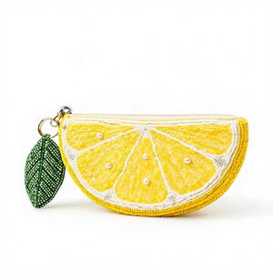 Porte-monnaie artisanal perlé pour femme, motif citron et perles, mini pochette zippée, design fruit mignon, portefeuille, porte-clés, pochette de soirée, anneau de mode - Product Image 1