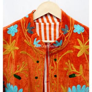 Indian <b>Velvet</b> Suzani Eco-Friendly Floral Pattern Embroidered Varsity Jacket <b>Women's</b> Spring Style Full Sleeve Mandarin Collar - Product Image 4