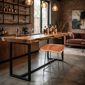 Tabouret de bar artisanal moderne et contemporain en bois de Suar massif, sans dossier, avec base métallique durable et assise courbée – Idéal pour hôtels et bars – Choix de vente en gros - Product Image 3